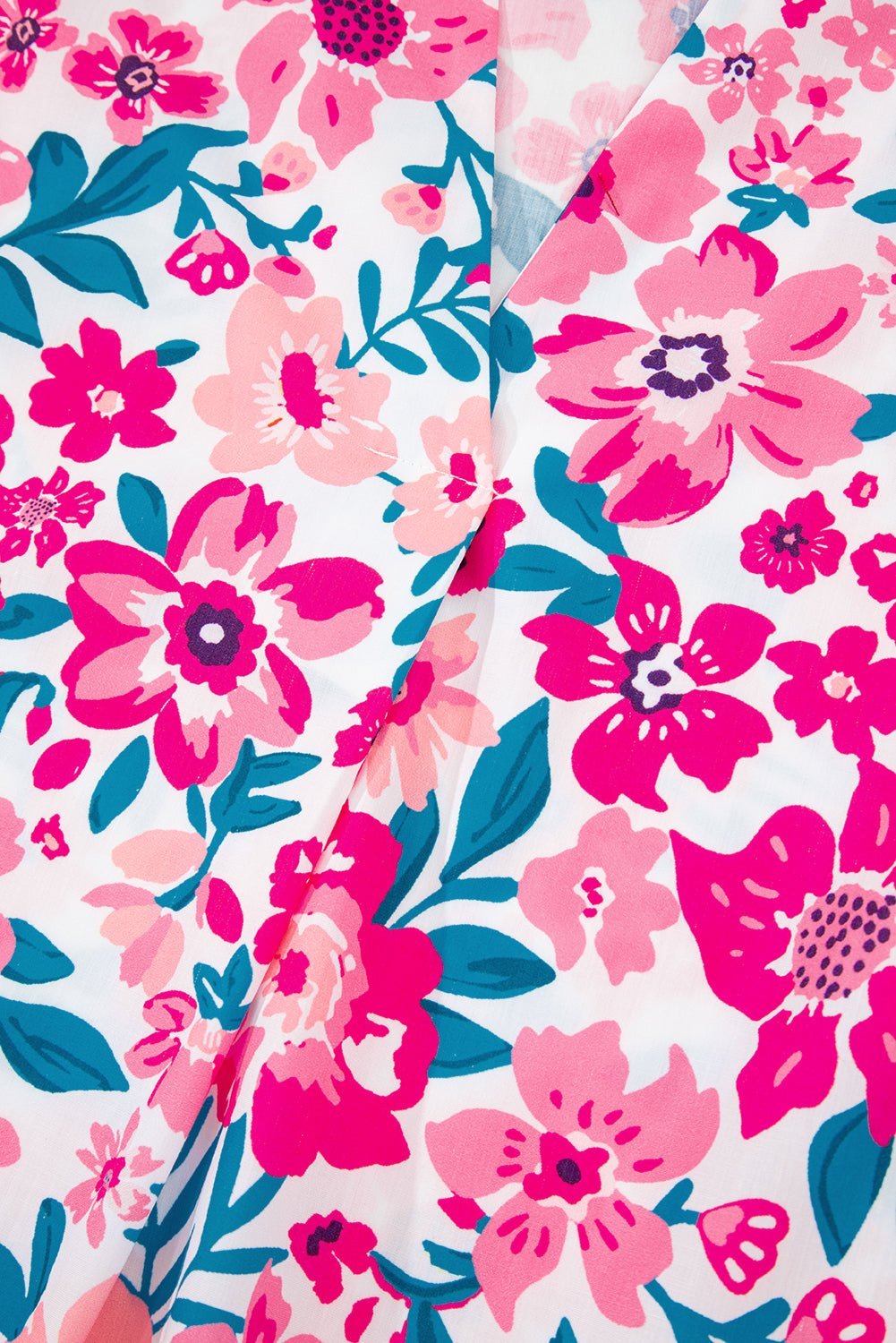 Pink Floral Print Striped Trim Puff Sleeve Blouse - MAD RUFFI