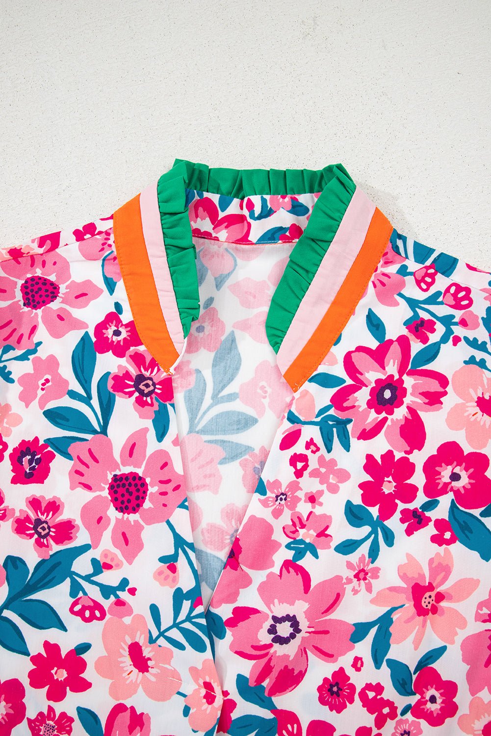 Pink Floral Print Striped Trim Puff Sleeve Blouse - MAD RUFFI