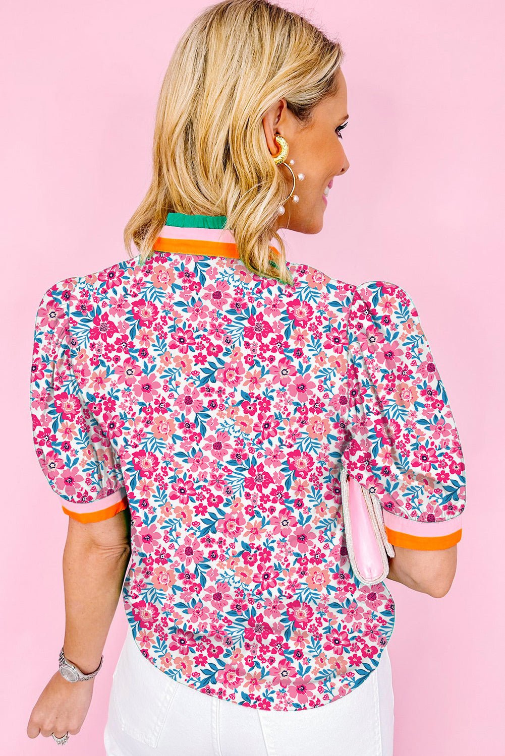 Pink Floral Print Striped Trim Puff Sleeve Blouse - MAD RUFFI