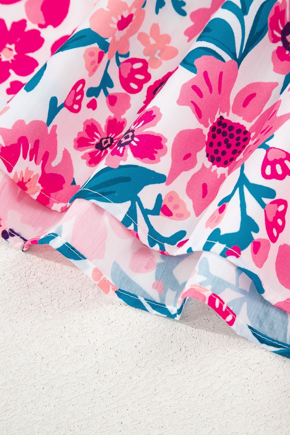 Pink Floral Print Striped Trim Puff Sleeve Blouse - MAD RUFFI