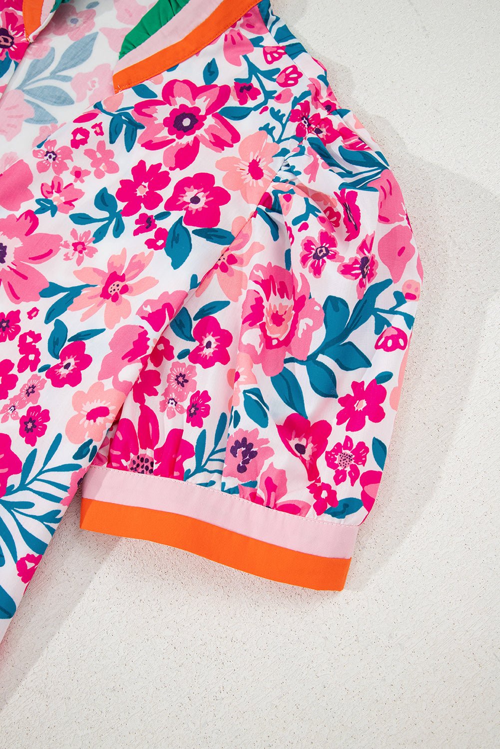 Pink Floral Print Striped Trim Puff Sleeve Blouse - MAD RUFFI