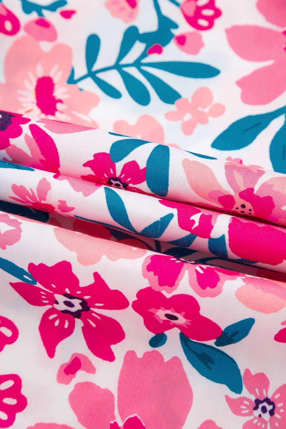 Pink Floral Print Striped Trim Puff Sleeve Blouse - MAD RUFFI