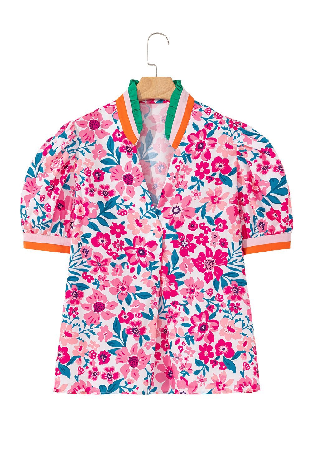 Pink Floral Print Striped Trim Puff Sleeve Blouse - MAD RUFFI