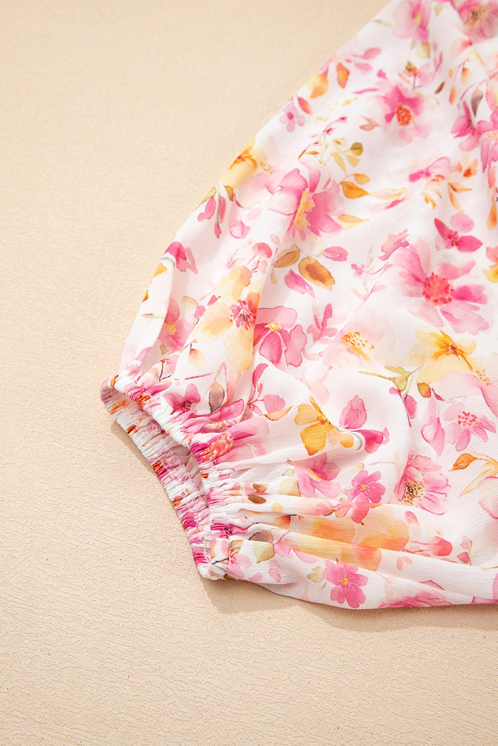 Pink Floral Print Tassel Tie Smocked V Neck Puff Sleeve Tunic Blouse - MAD RUFFI