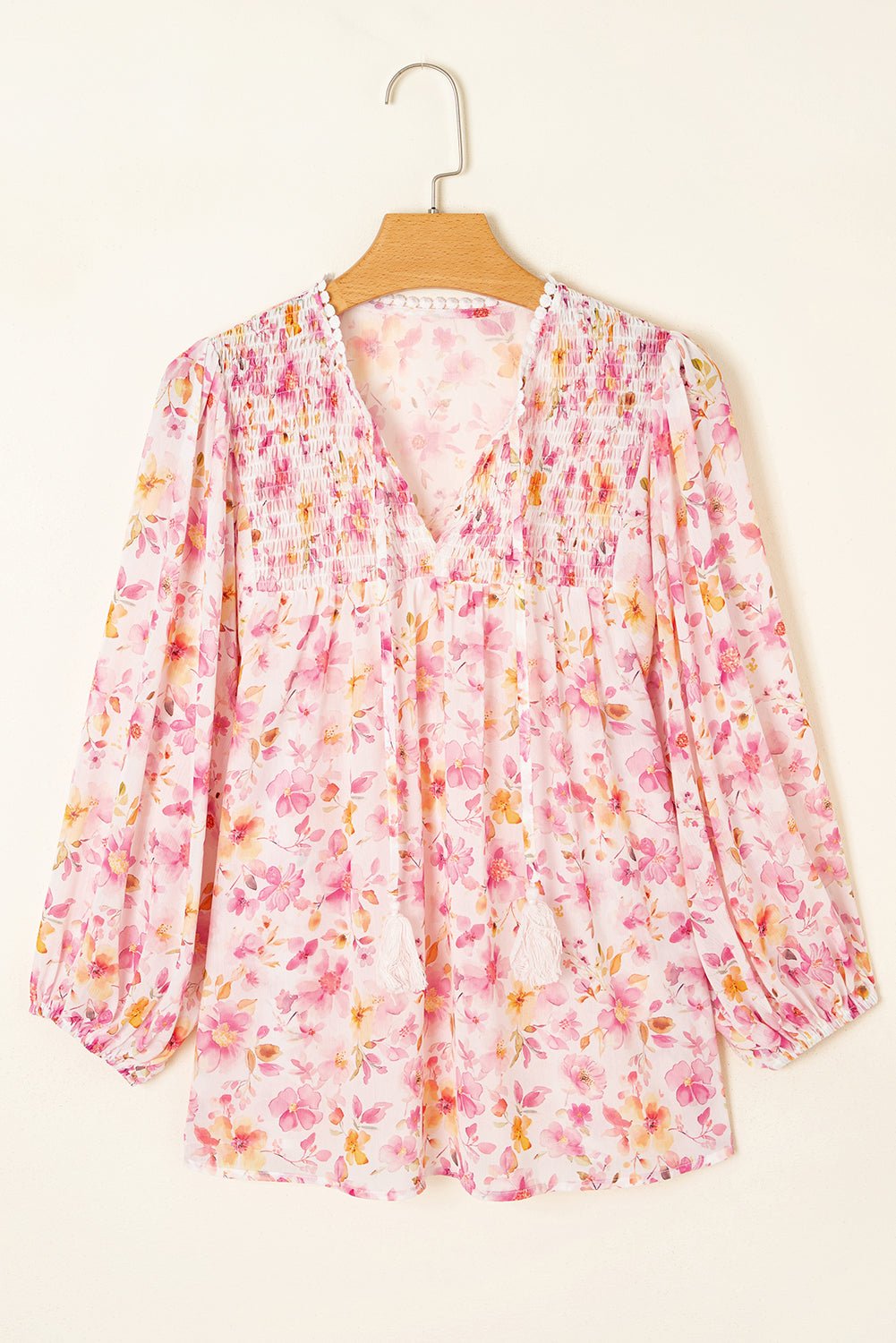 Pink Floral Print Tassel Tie Smocked V Neck Puff Sleeve Tunic Blouse - MAD RUFFI