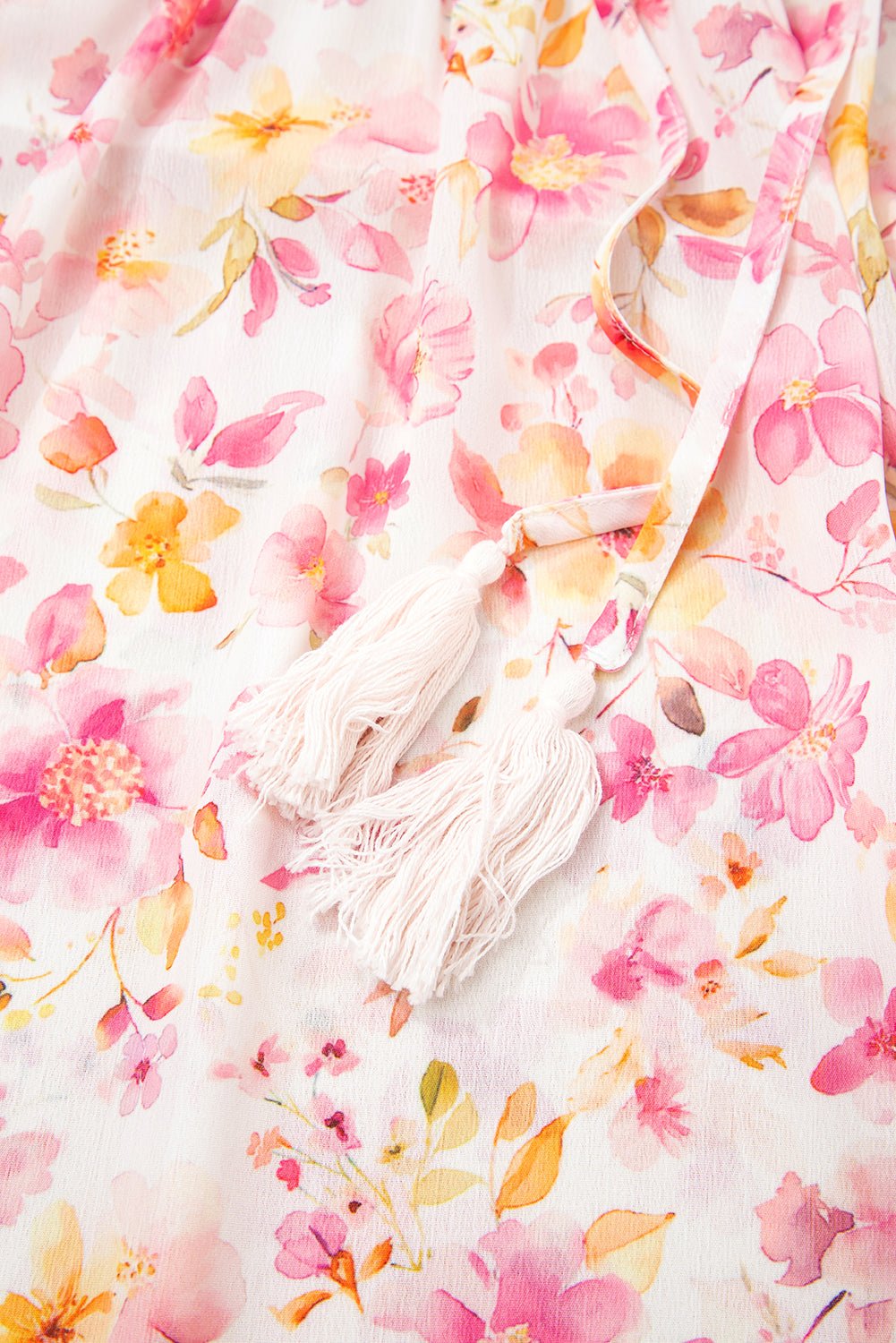 Pink Floral Print Tassel Tie Smocked V Neck Puff Sleeve Tunic Blouse - MAD RUFFI