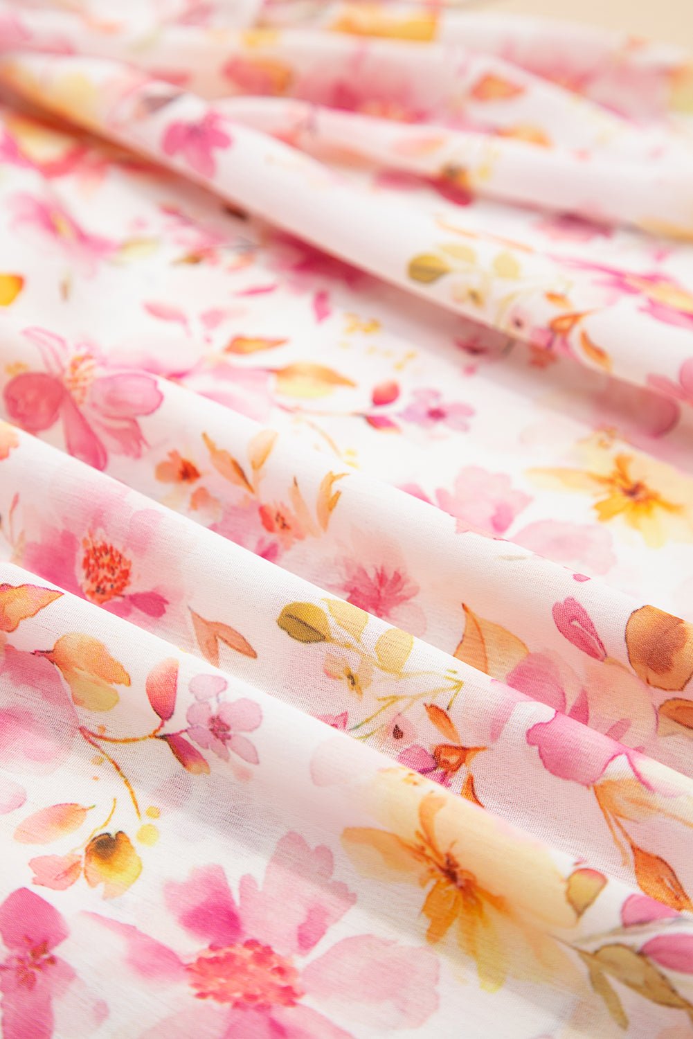 Pink Floral Print Tassel Tie Smocked V Neck Puff Sleeve Tunic Blouse - MAD RUFFI