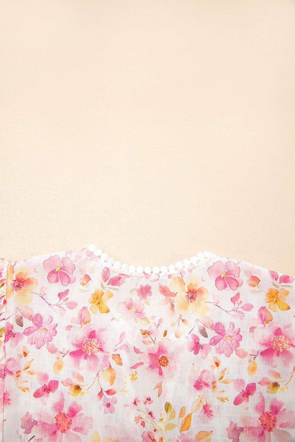 Pink Floral Print Tassel Tie Smocked V Neck Puff Sleeve Tunic Blouse - MAD RUFFI