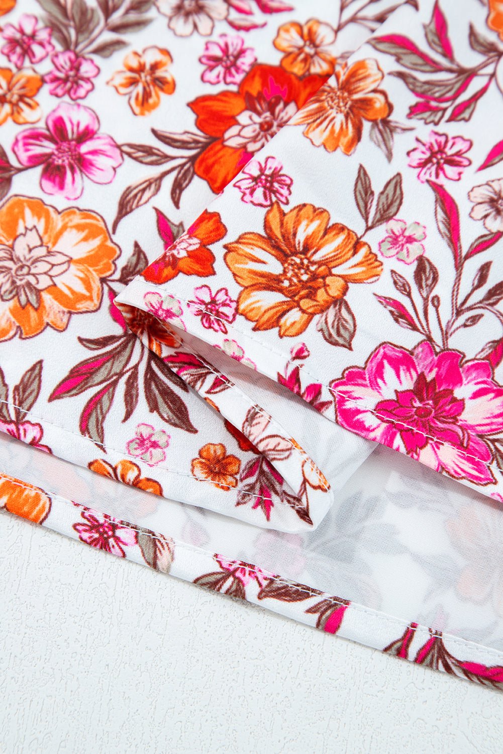 Pink Floral Print Tie Split Neck Bracelet Sleeve Blouse - MAD RUFFI