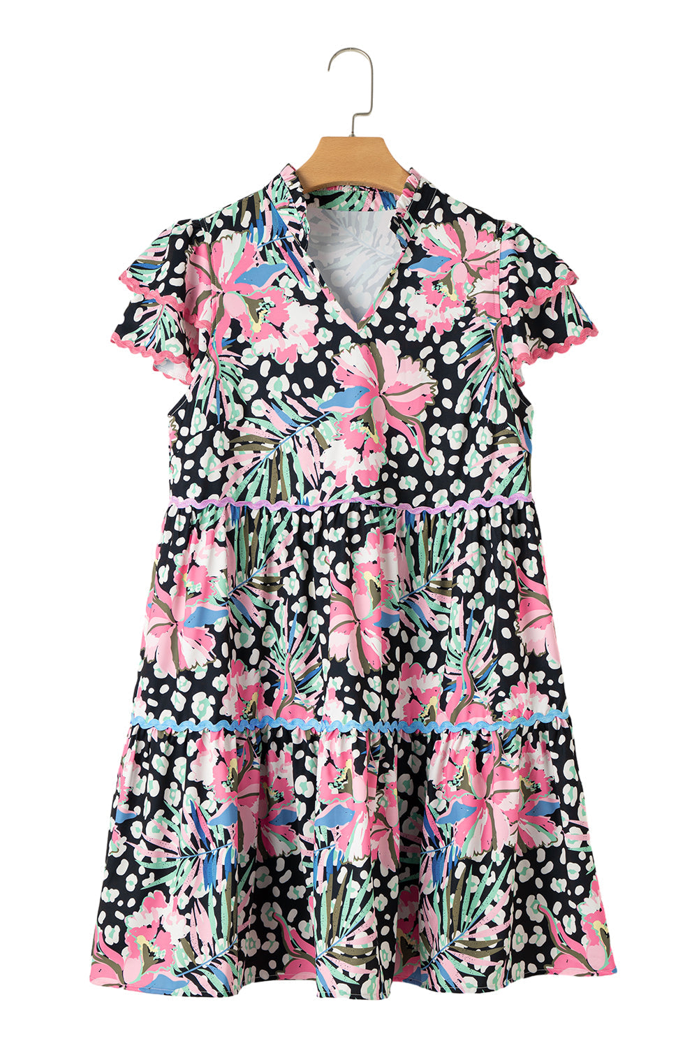 Pink Floral Print Wavy Embellished V Neck Mini Dress - MAD RUFFI