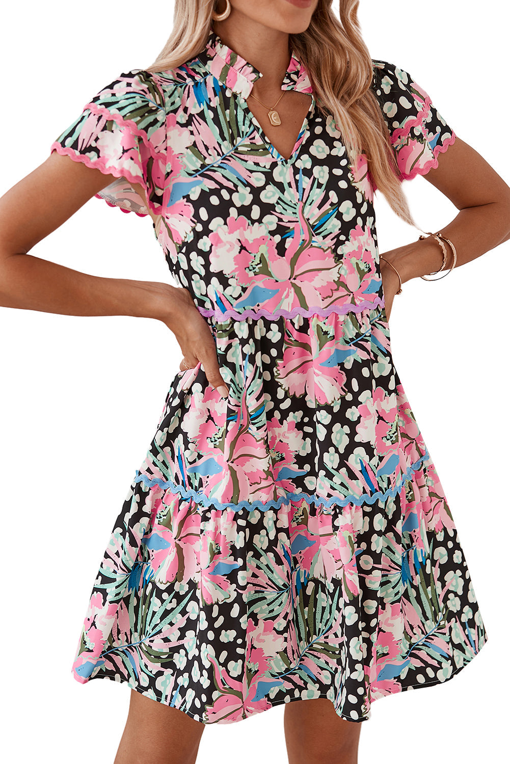 Pink Floral Print Wavy Embellished V Neck Mini Dress - MAD RUFFI