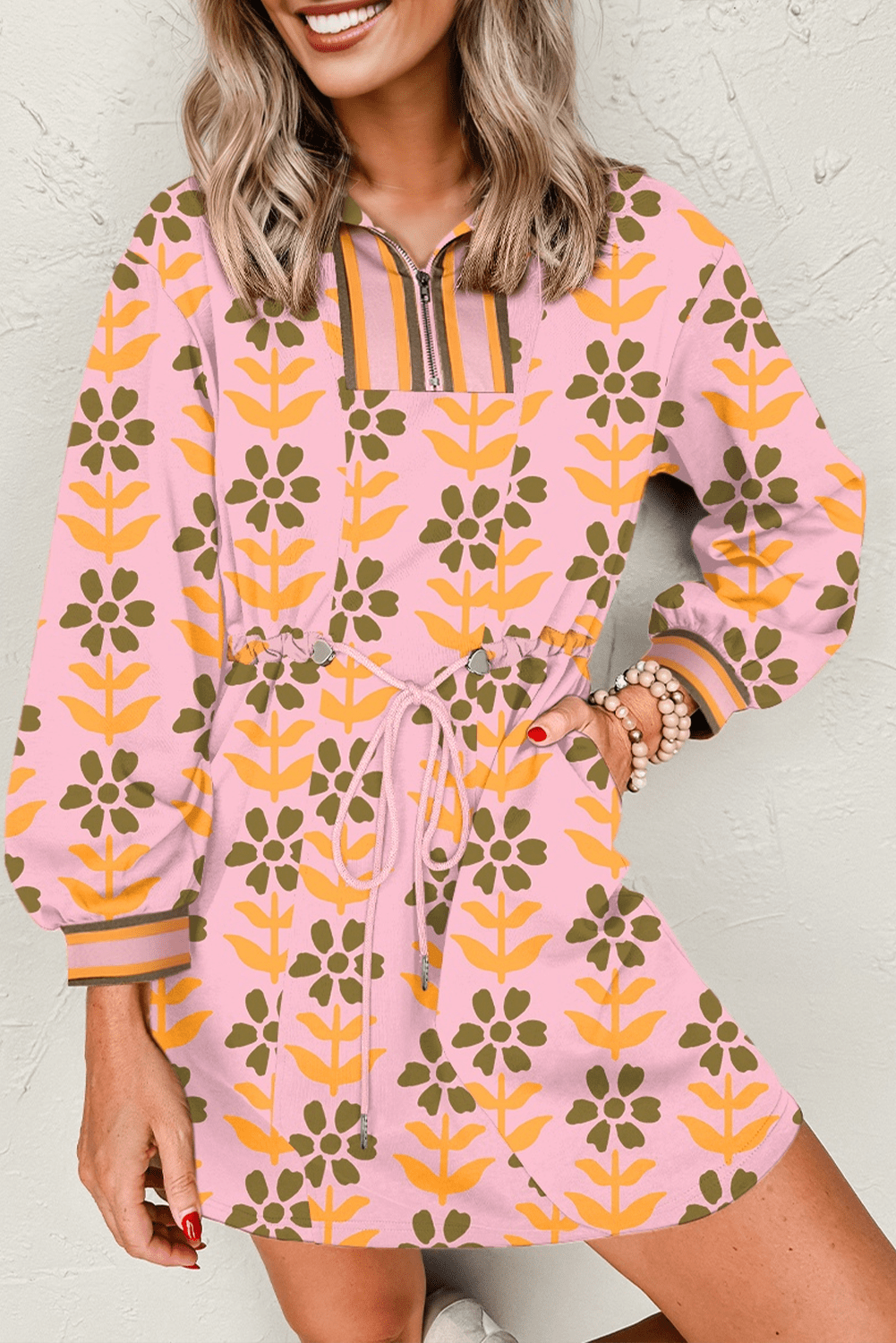 Pink Floral Print Zip Neck Striped Patchwork Long Sleeve Drawstring Dress - MAD RUFFI