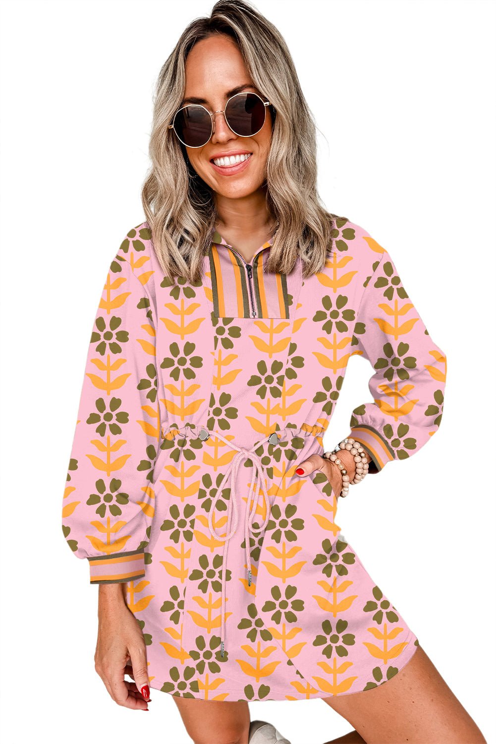 Pink Floral Print Zip Neck Striped Patchwork Long Sleeve Drawstring Dress - MAD RUFFI