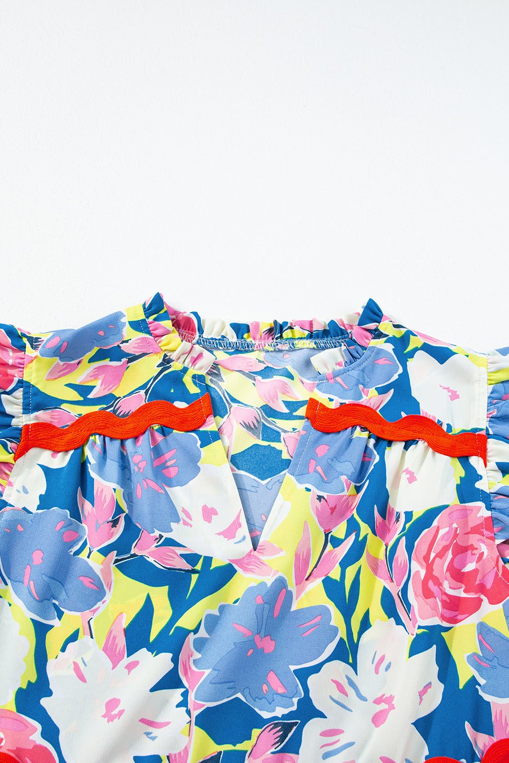 Pink Floral Printed V Notched Ric Rac Flutter Short Dress - MAD RUFFI