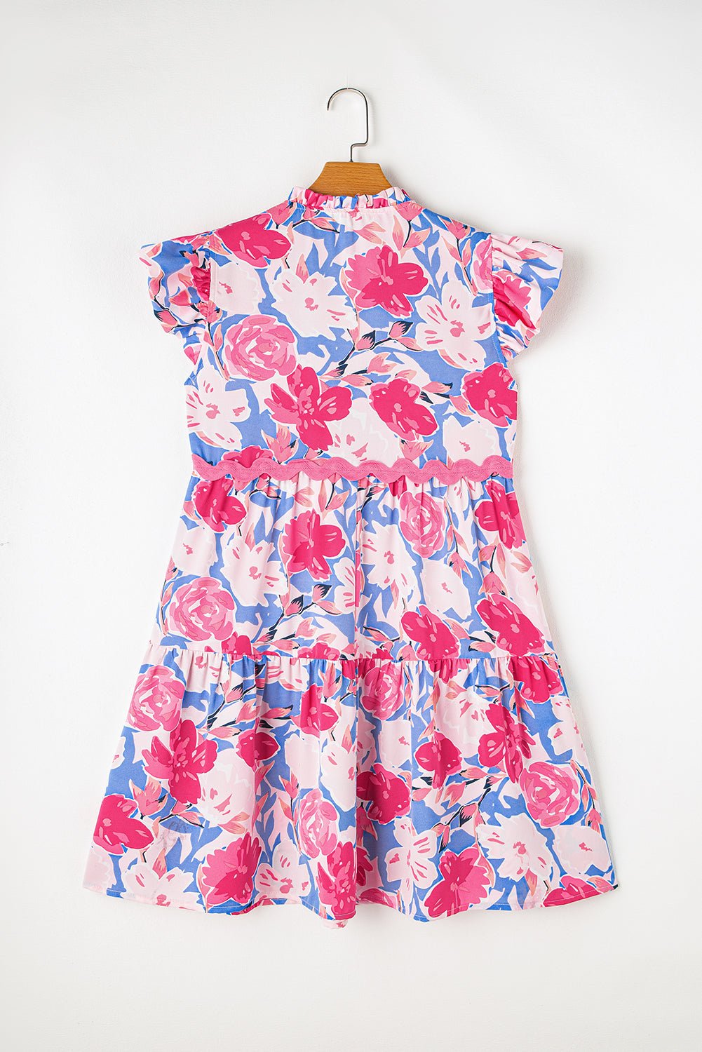 Pink Floral Printed V Notched Ric Rac Flutter Short Dress - MAD RUFFI