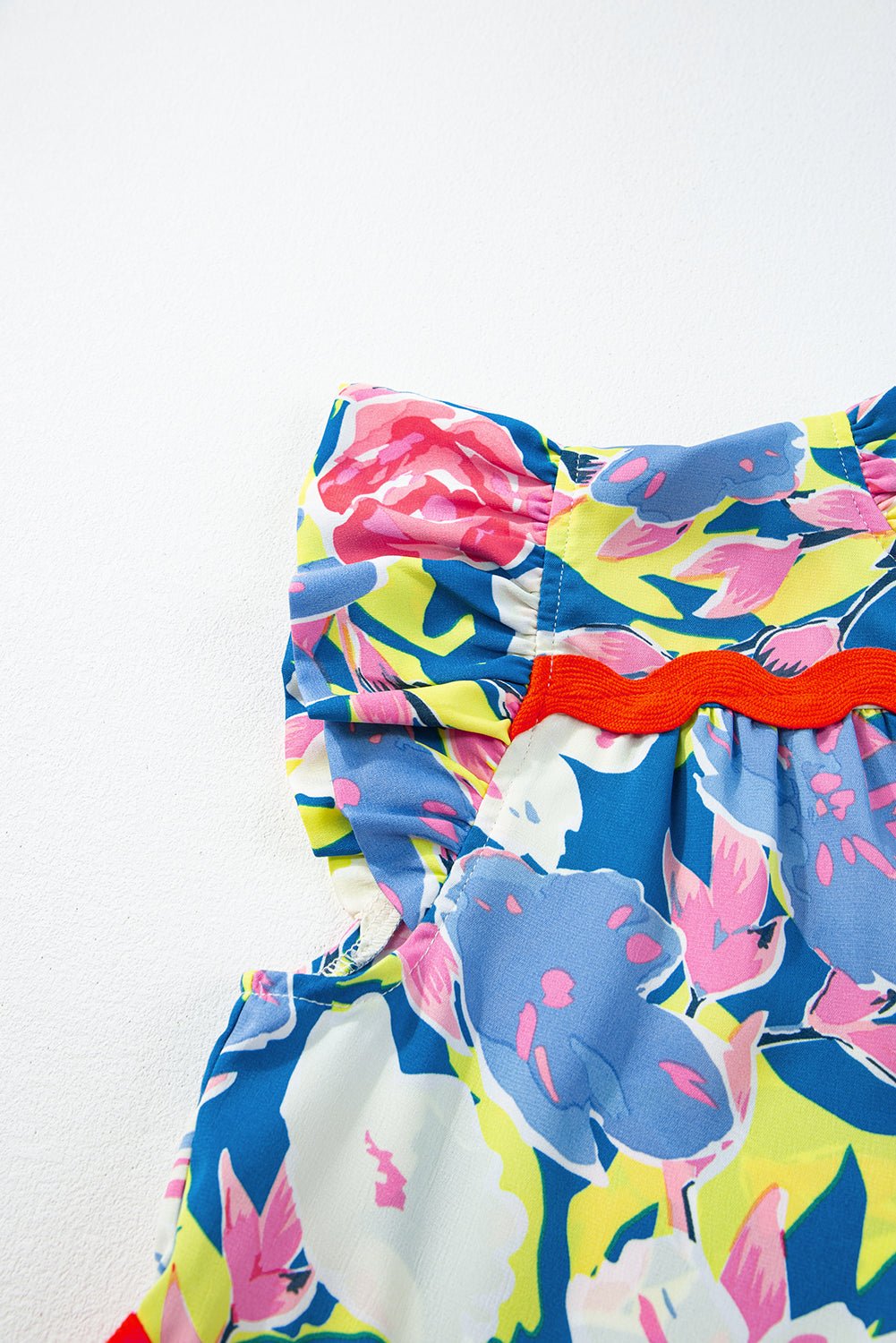 Pink Floral Printed V Notched Ric Rac Flutter Short Dress - MAD RUFFI