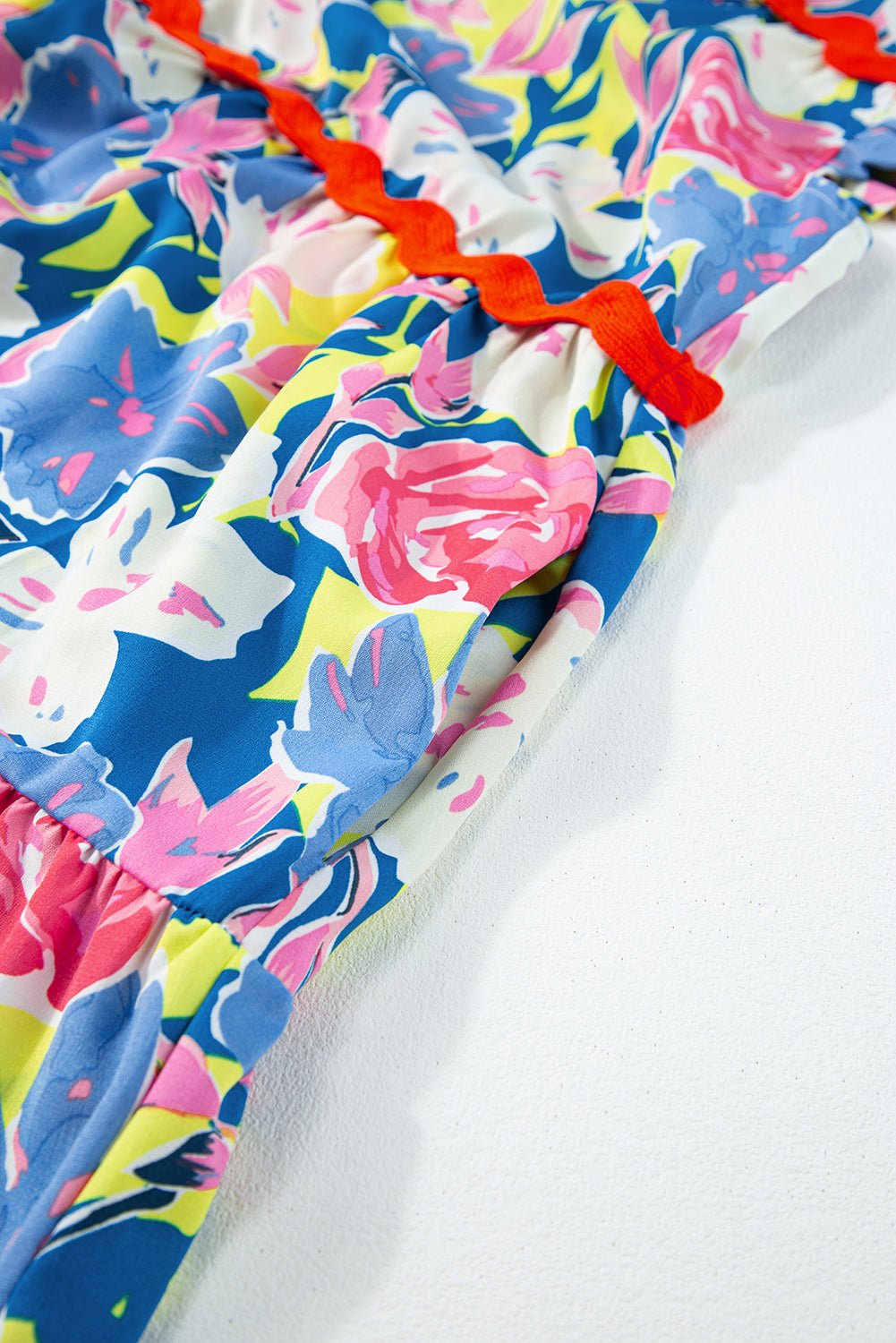 Pink Floral Printed V Notched Ric Rac Flutter Short Dress - MAD RUFFI