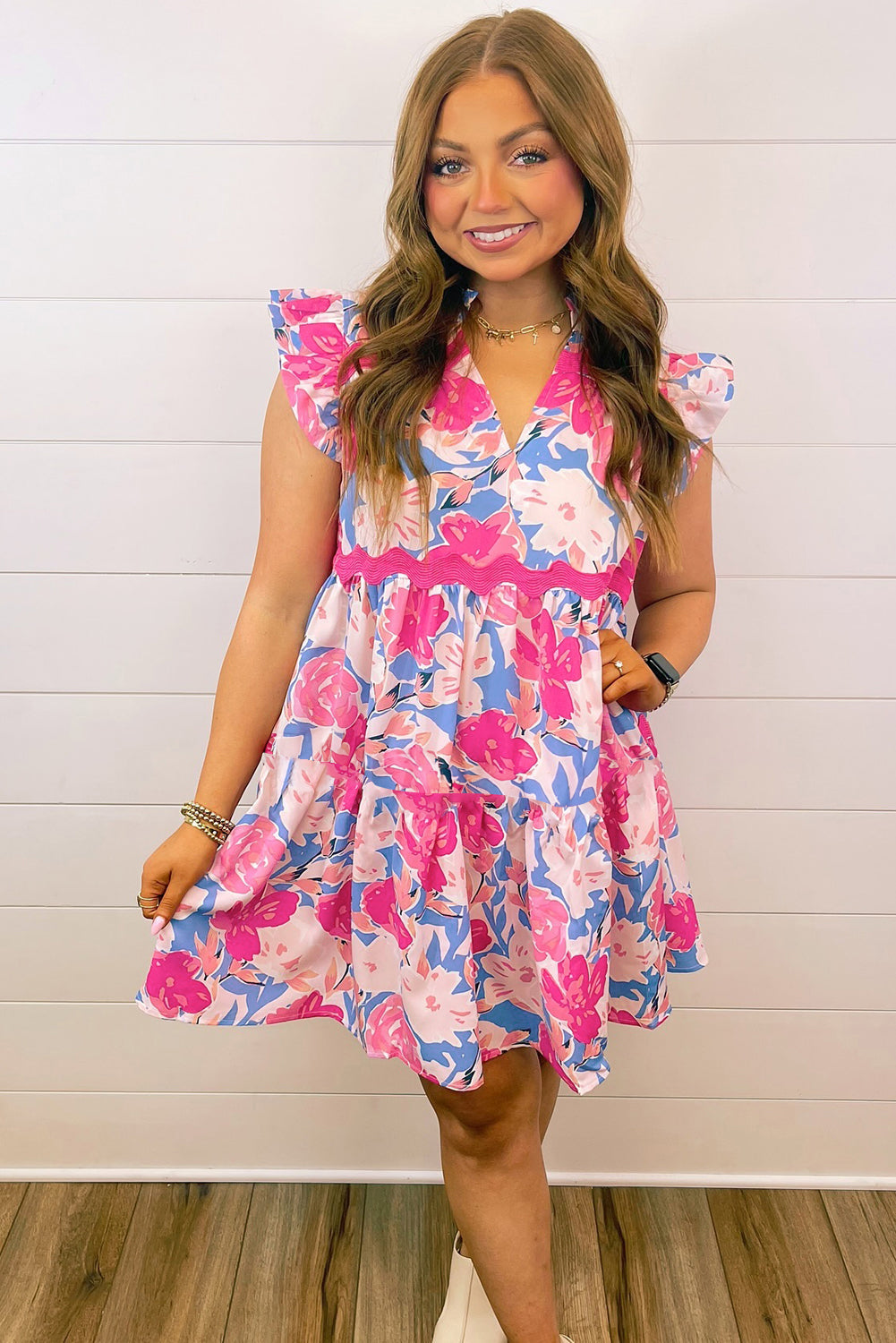 Pink Floral Printed V Notched Ric Rac Flutter Short Dress - MAD RUFFI