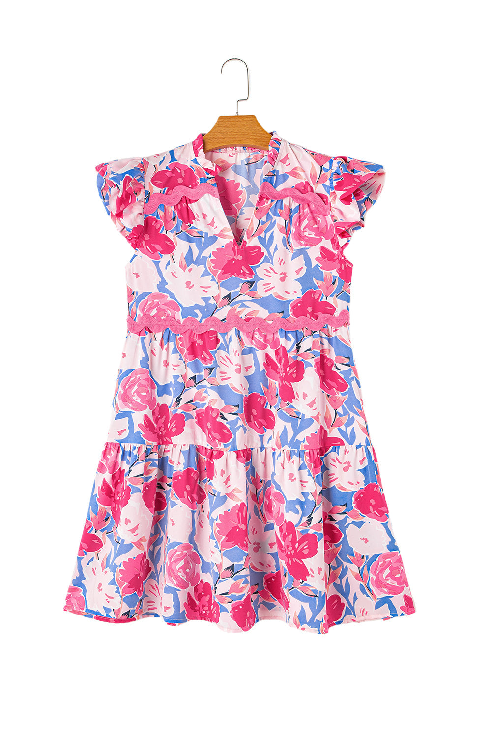 Pink Floral Printed V Notched Ric Rac Flutter Short Dress - MAD RUFFI