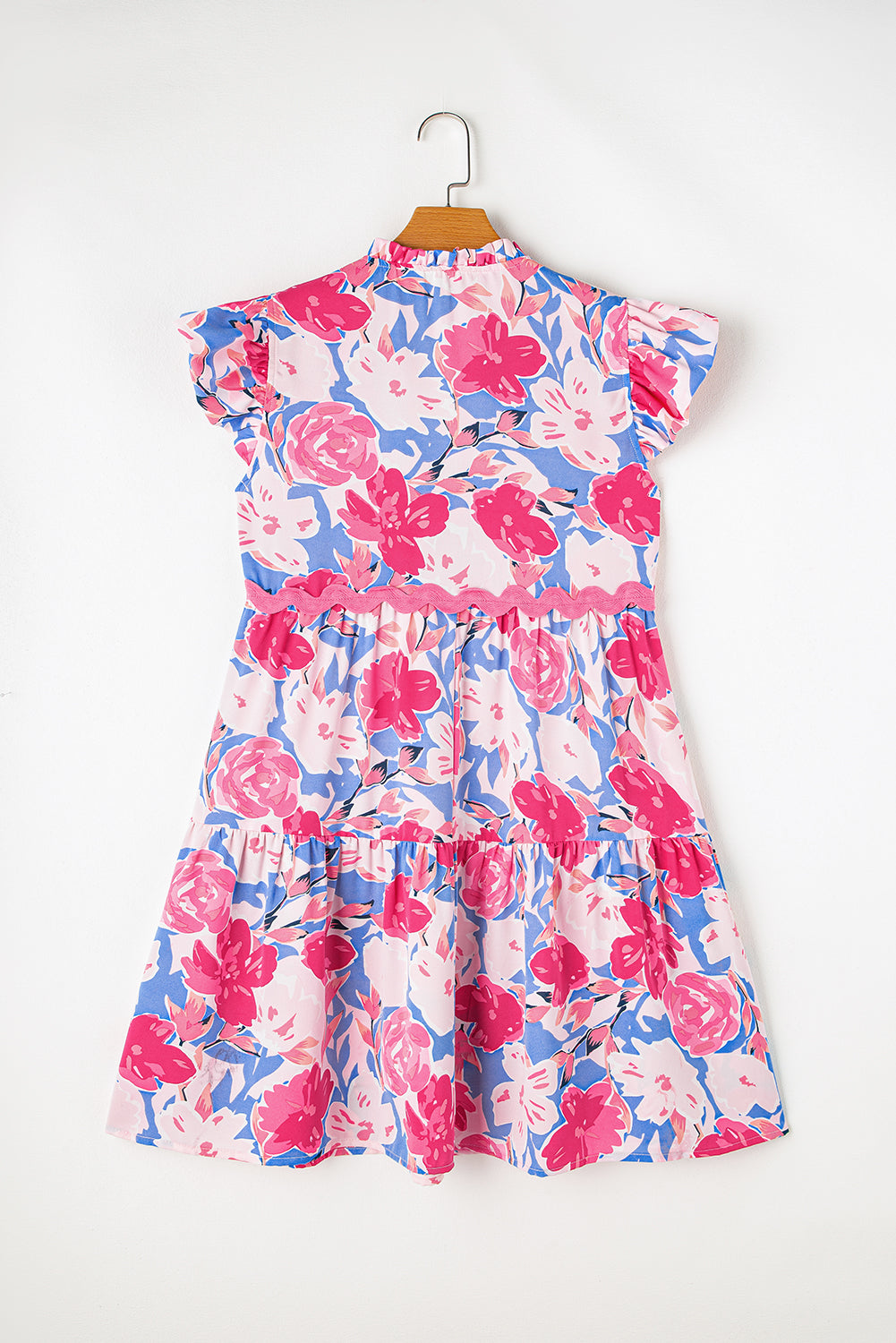 Pink Floral Printed V Notched Ric Rac Flutter Short Dress - MAD RUFFI