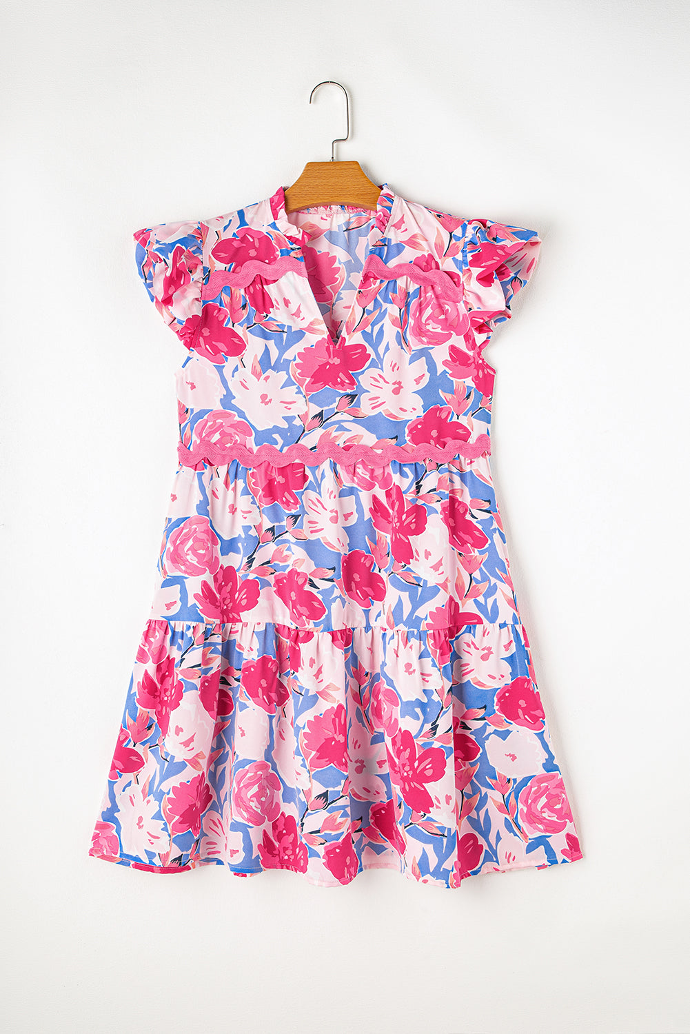 Pink Floral Printed V Notched Ric Rac Flutter Short Dress - MAD RUFFI