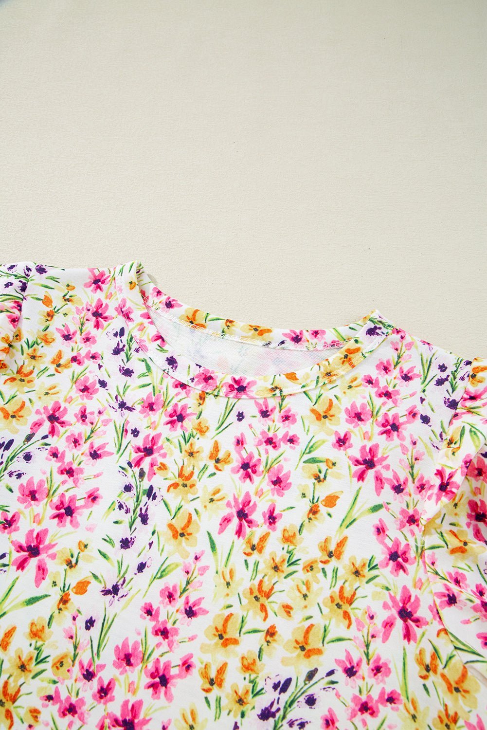 Pink Floral Puff Short Sleeve Crewneck Blouse - MAD RUFFI