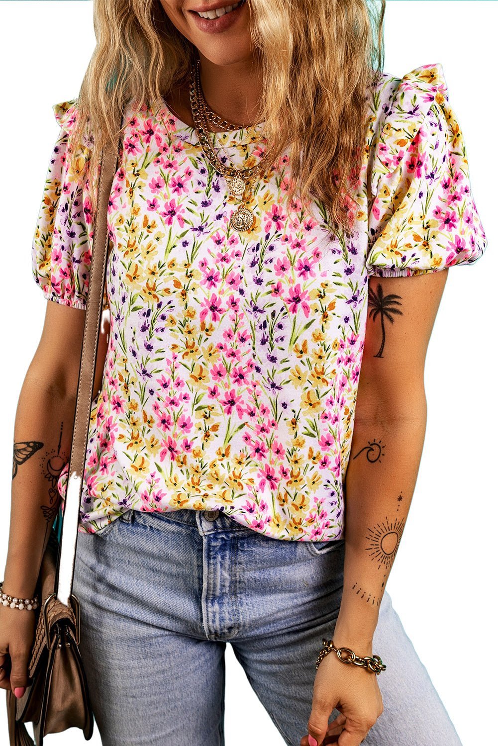 Pink Floral Puff Short Sleeve Crewneck Blouse - MAD RUFFI