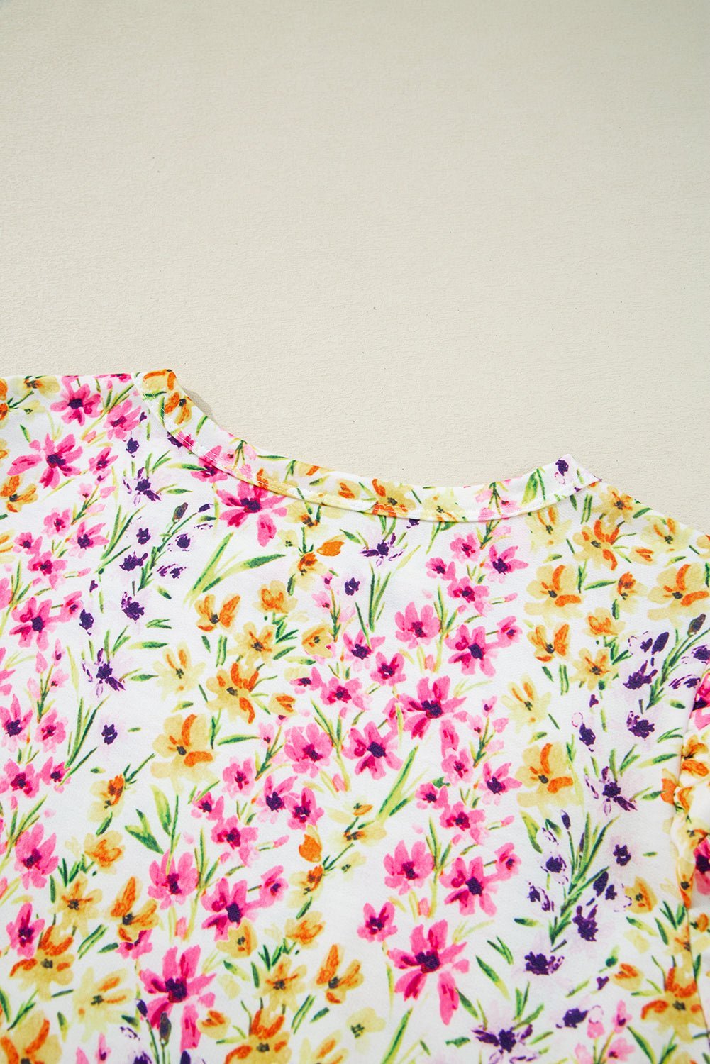 Pink Floral Puff Short Sleeve Crewneck Blouse - MAD RUFFI