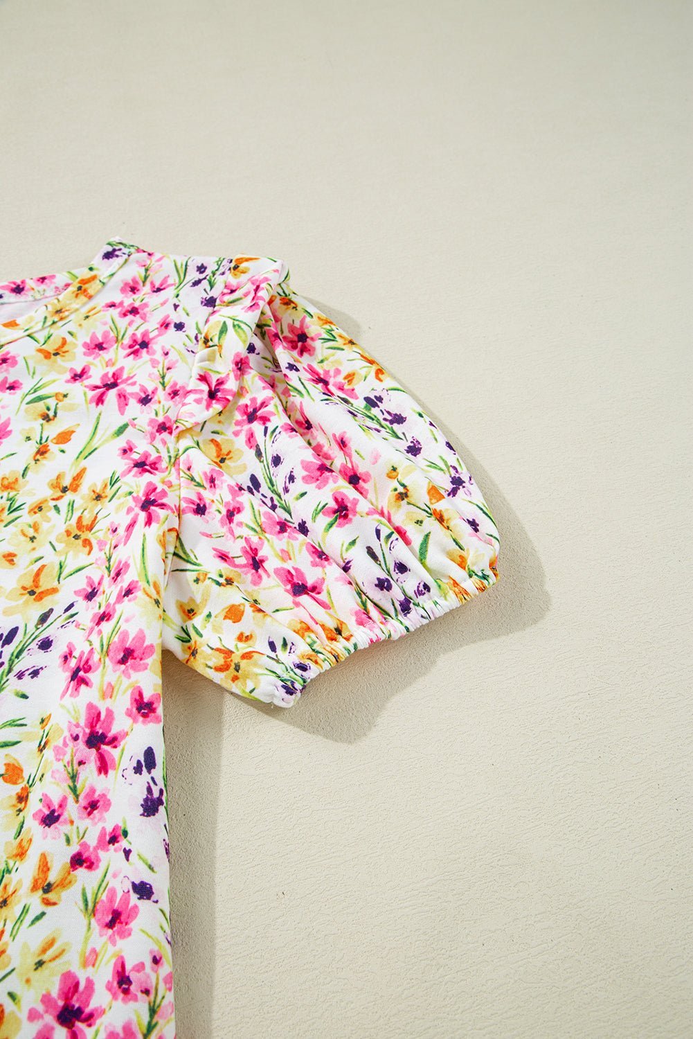 Pink Floral Puff Short Sleeve Crewneck Blouse - MAD RUFFI