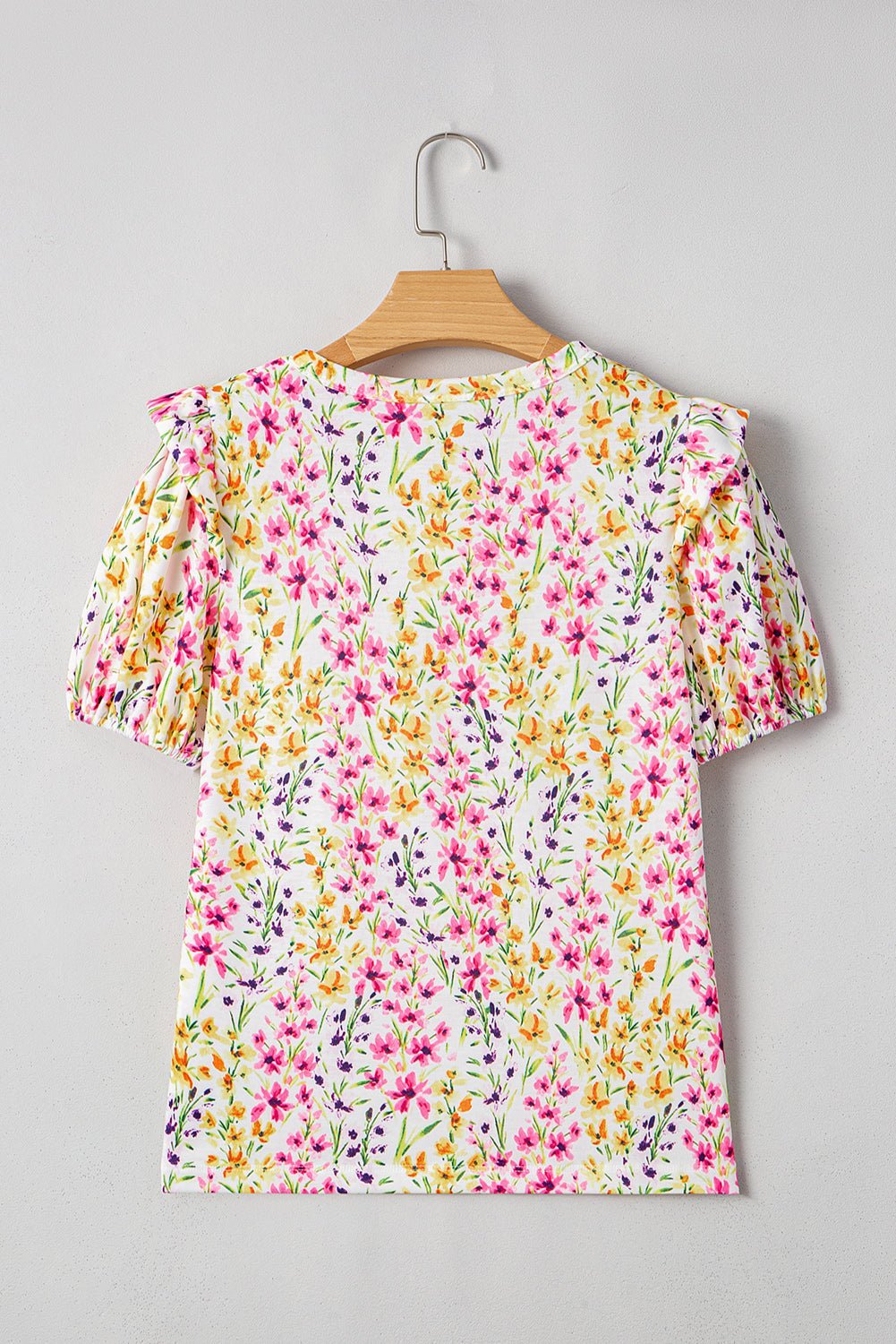 Pink Floral Puff Short Sleeve Crewneck Blouse - MAD RUFFI