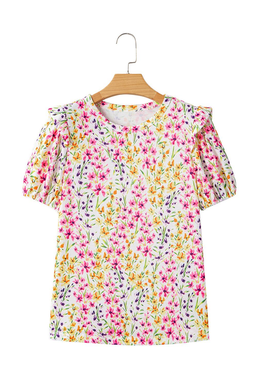 Pink Floral Puff Short Sleeve Crewneck Blouse - MAD RUFFI