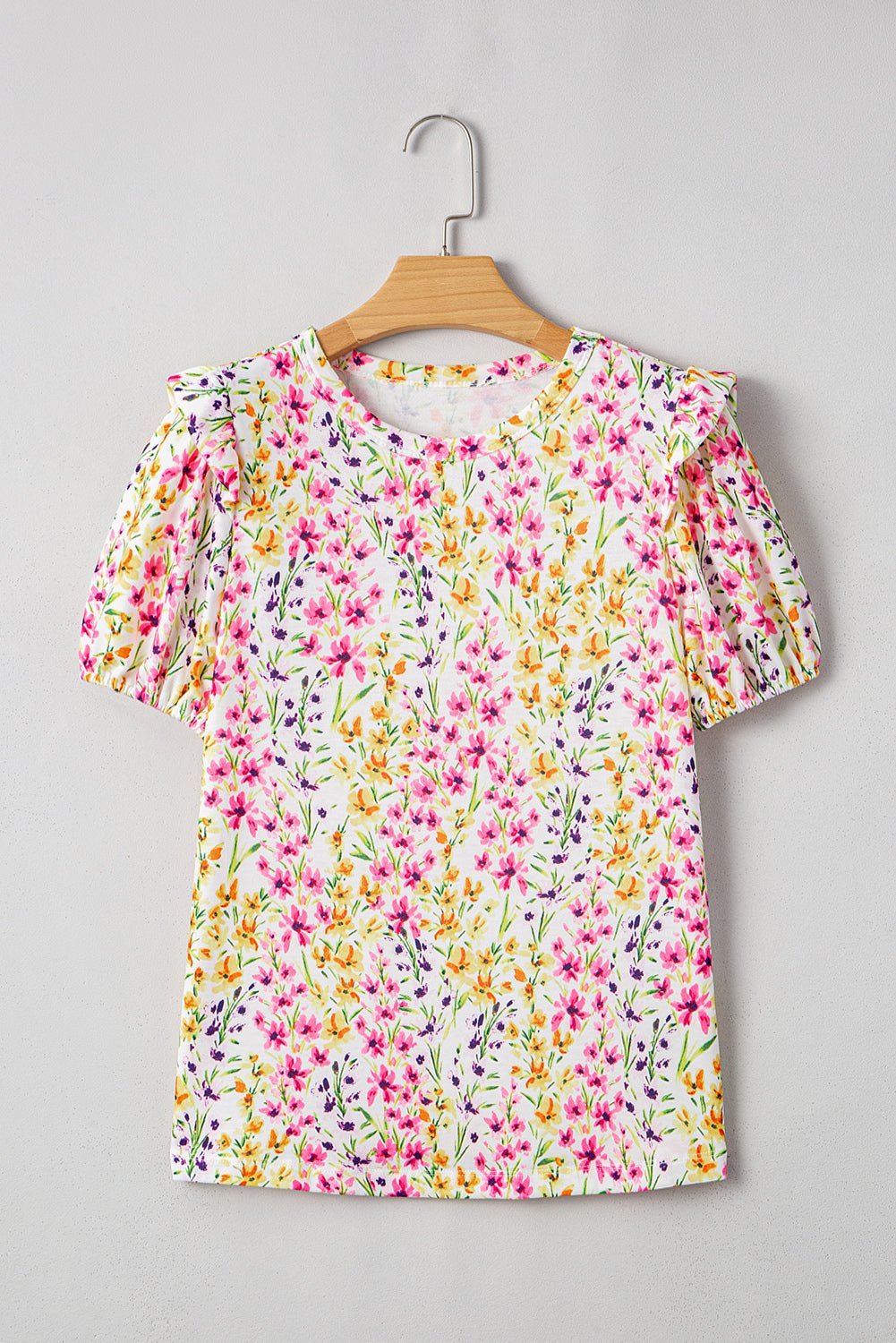 Pink Floral Puff Short Sleeve Crewneck Blouse - MAD RUFFI