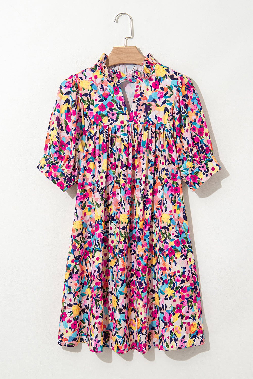 Pink Floral Puff Short Sleeve V Neck Mini Dress - MAD RUFFI