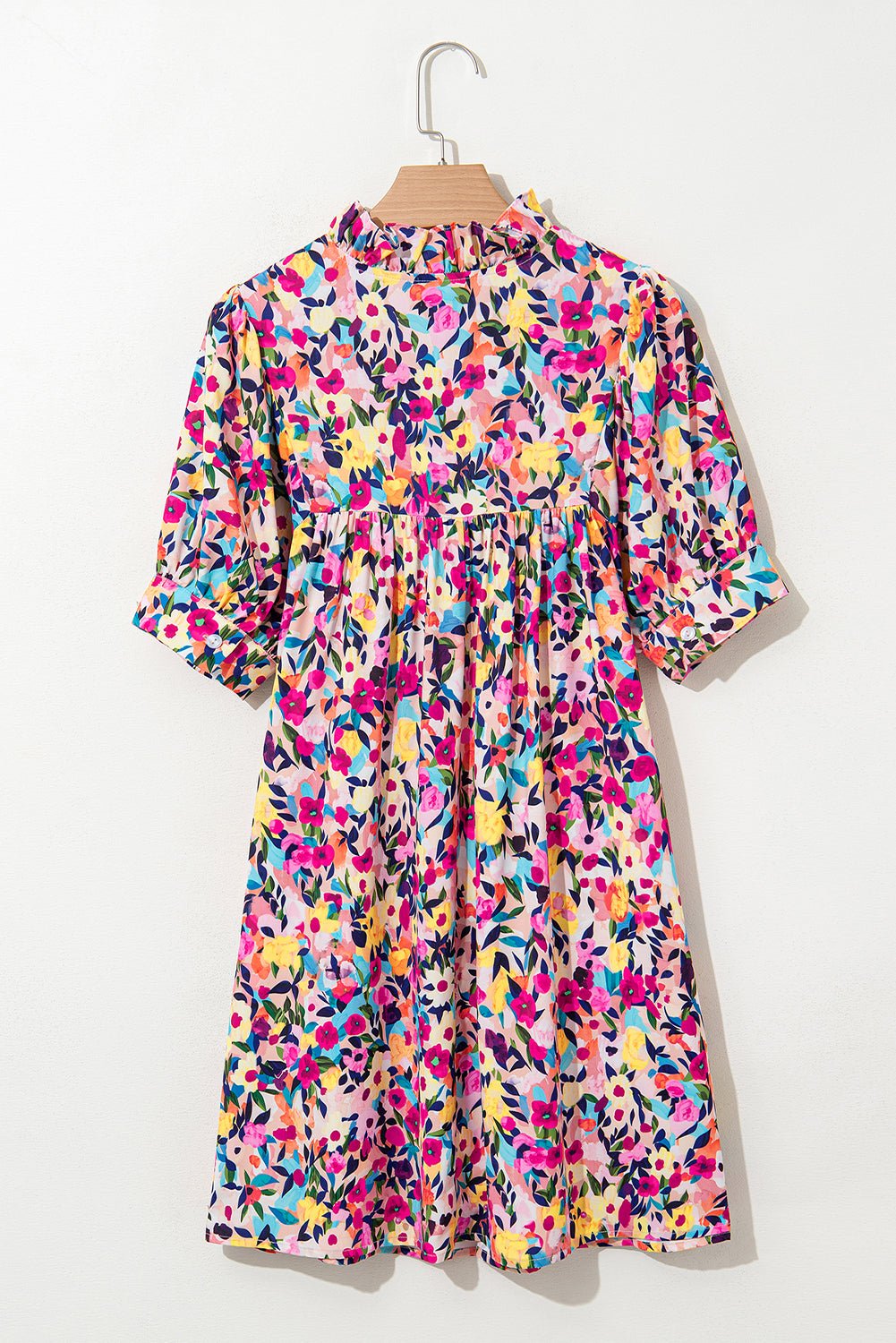 Pink Floral Puff Short Sleeve V Neck Mini Dress - MAD RUFFI