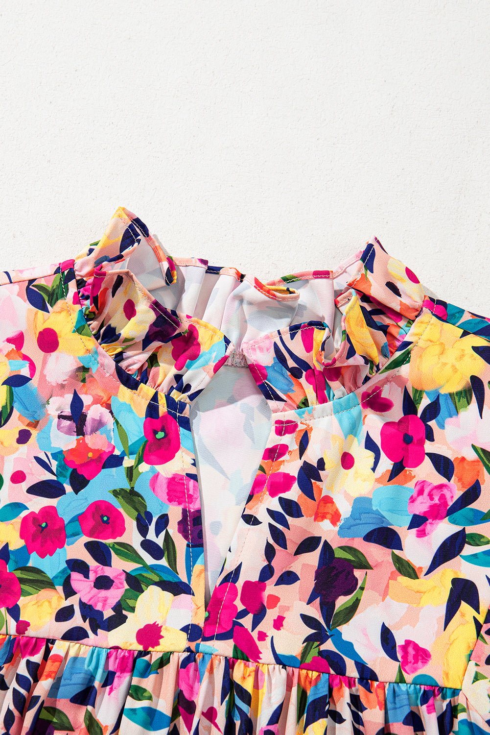 Pink Floral Puff Short Sleeve V Neck Mini Dress - MAD RUFFI