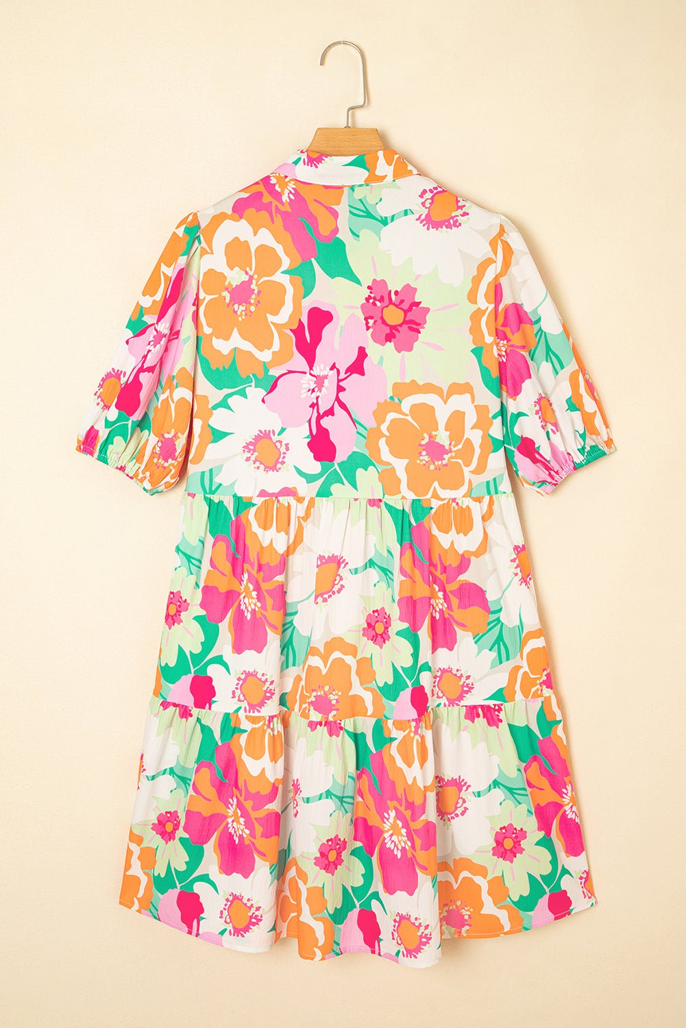 Pink Floral Puff Sleeve Collar Buttoned Babydoll Dress - MAD RUFFI