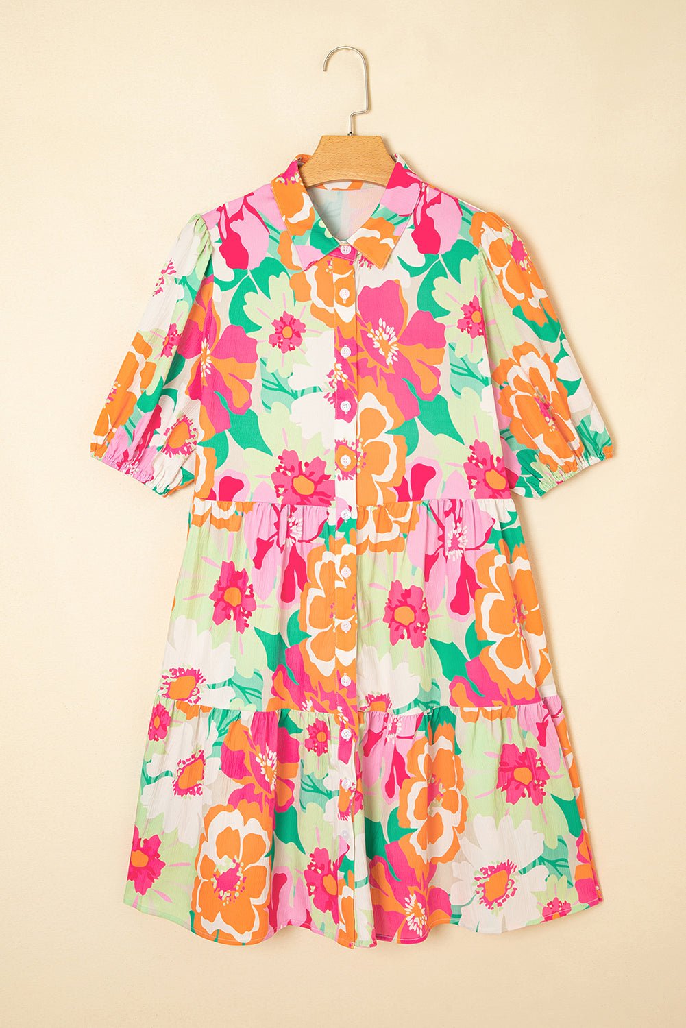 Pink Floral Puff Sleeve Collar Buttoned Babydoll Dress - MAD RUFFI