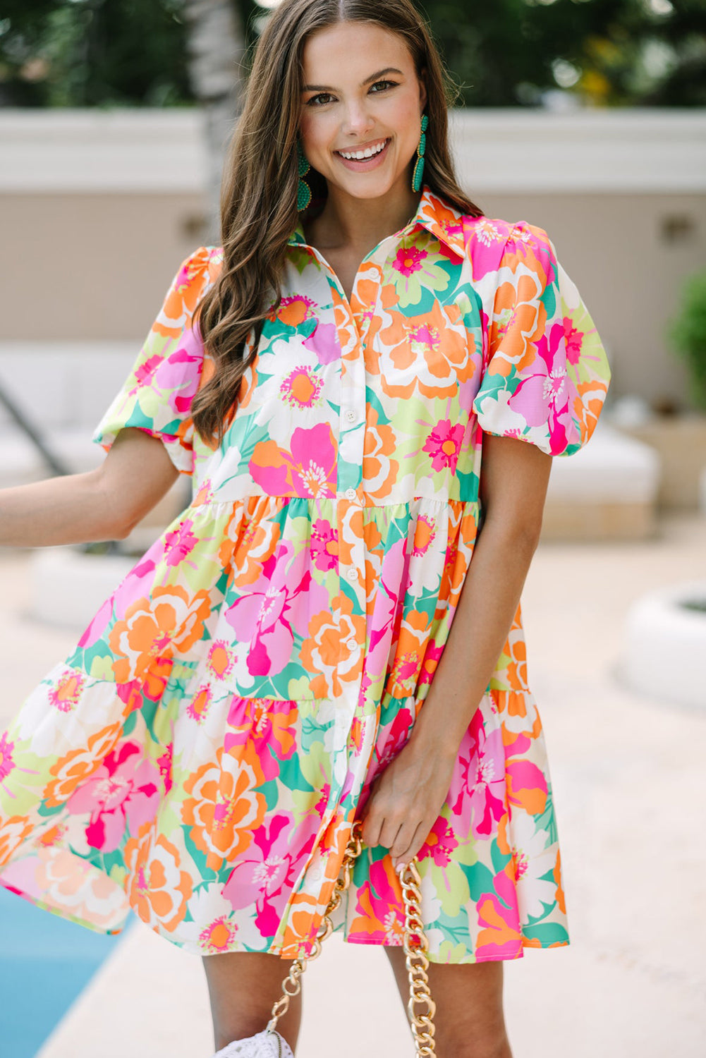 Pink Floral Puff Sleeve Collar Buttoned Babydoll Dress - MAD RUFFI