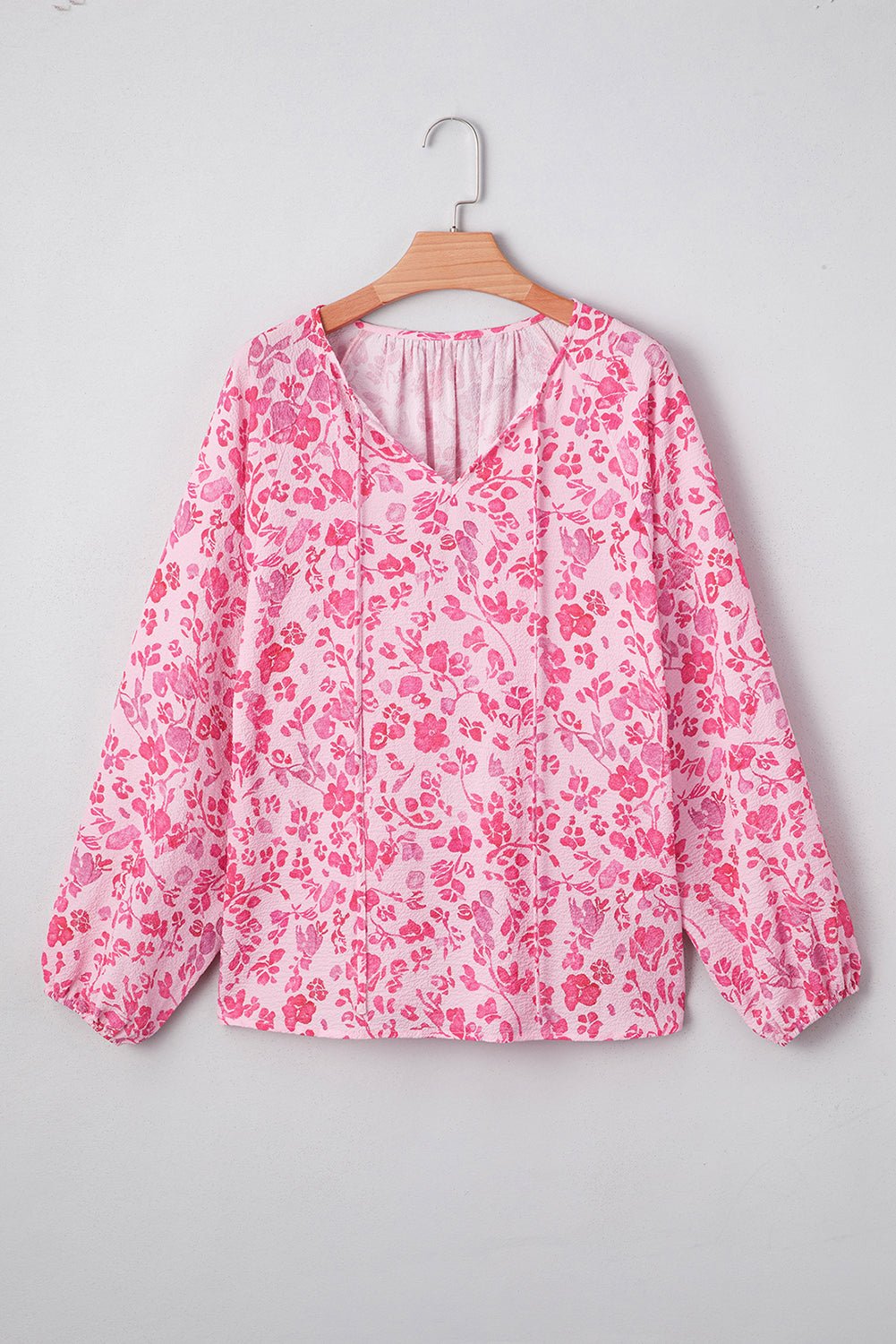 Pink Floral Puff Sleeve Split Neck Blouse - MAD RUFFI