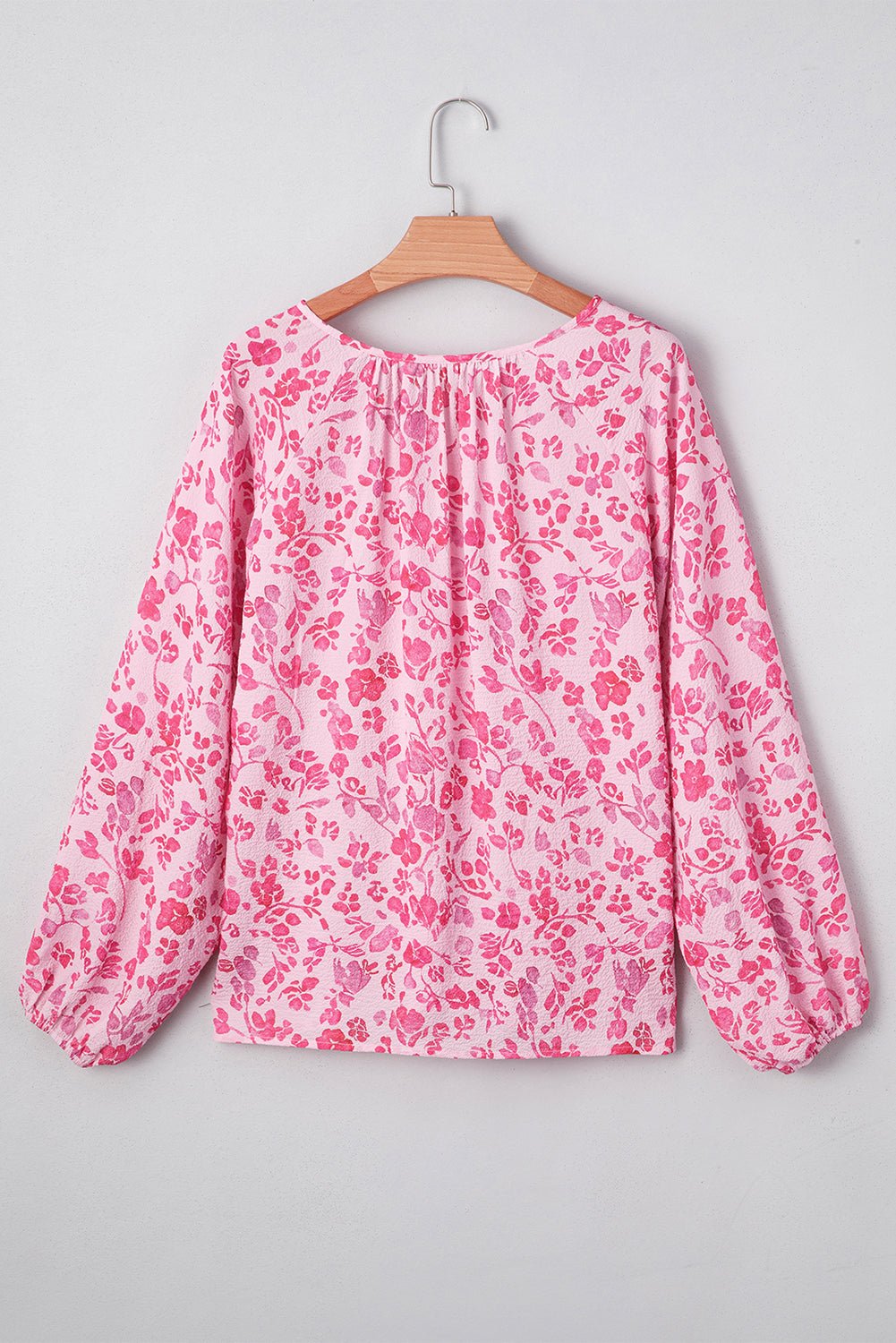 Pink Floral Puff Sleeve Split Neck Blouse - MAD RUFFI