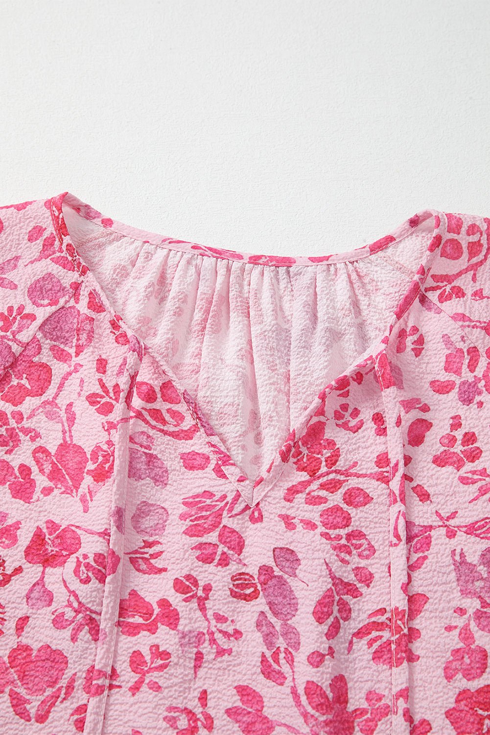 Pink Floral Puff Sleeve Split Neck Blouse - MAD RUFFI