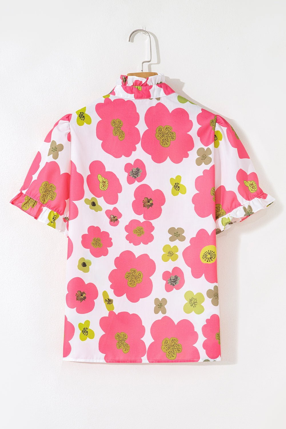 Pink Floral Ruffle Sleeve Striped Button Collar Blouse - MAD RUFFI