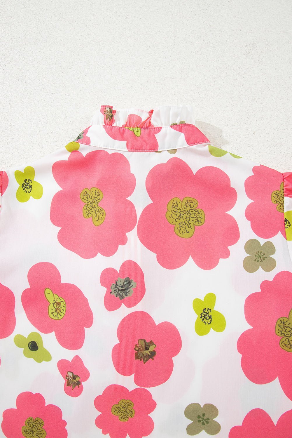 Pink Floral Ruffle Sleeve Striped Button Collar Blouse - MAD RUFFI