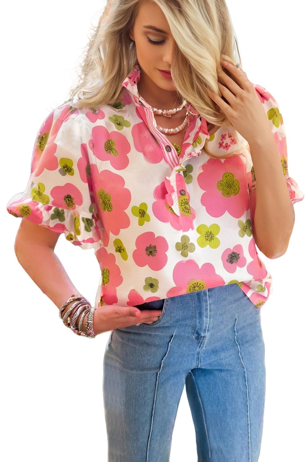 Pink Floral Ruffle Sleeve Striped Button Collar Blouse - MAD RUFFI