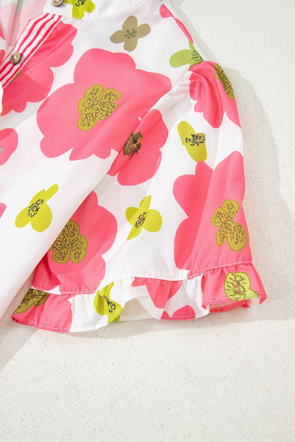 Pink Floral Ruffle Sleeve Striped Button Collar Blouse - MAD RUFFI