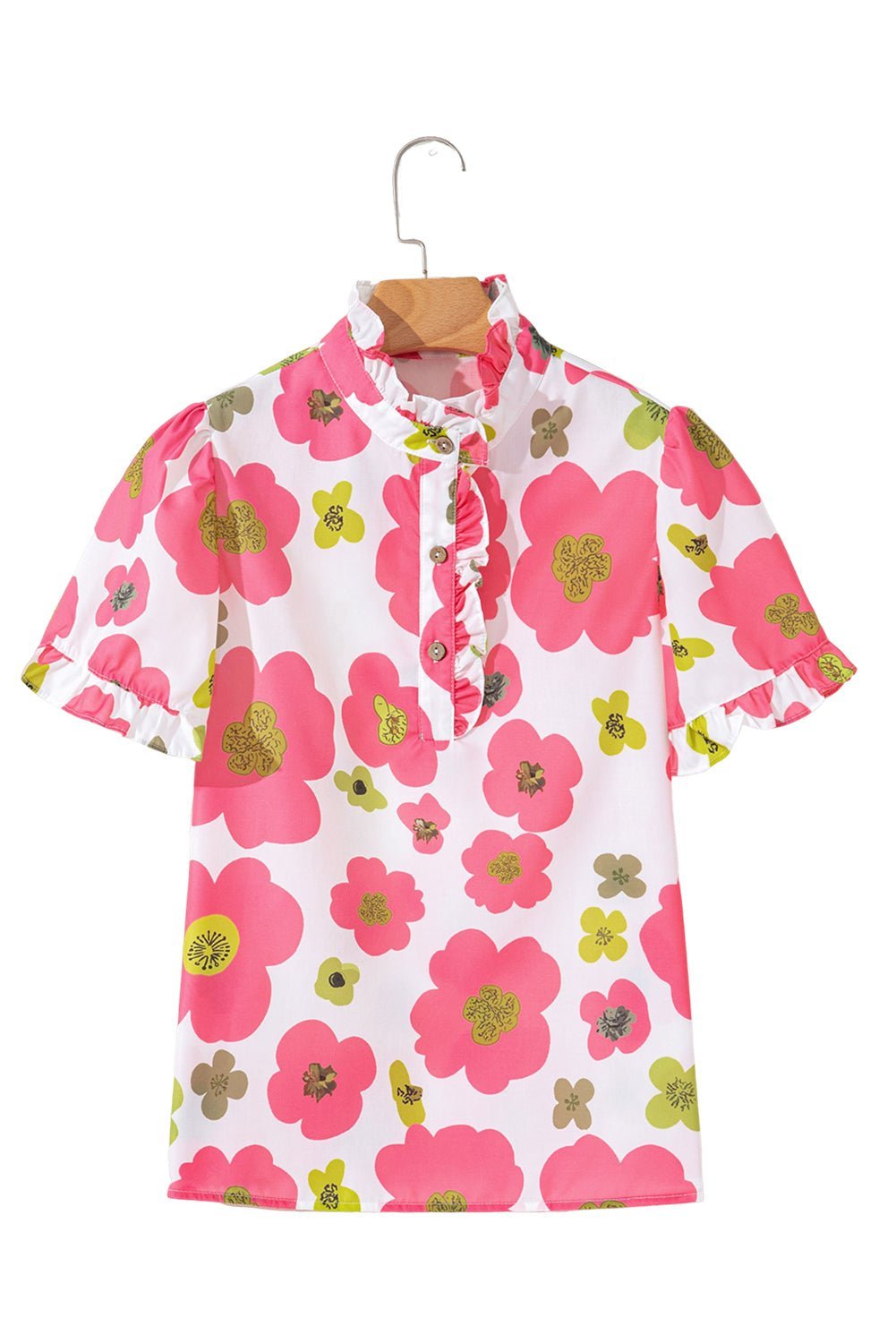 Pink Floral Ruffle Sleeve Striped Button Collar Blouse - MAD RUFFI