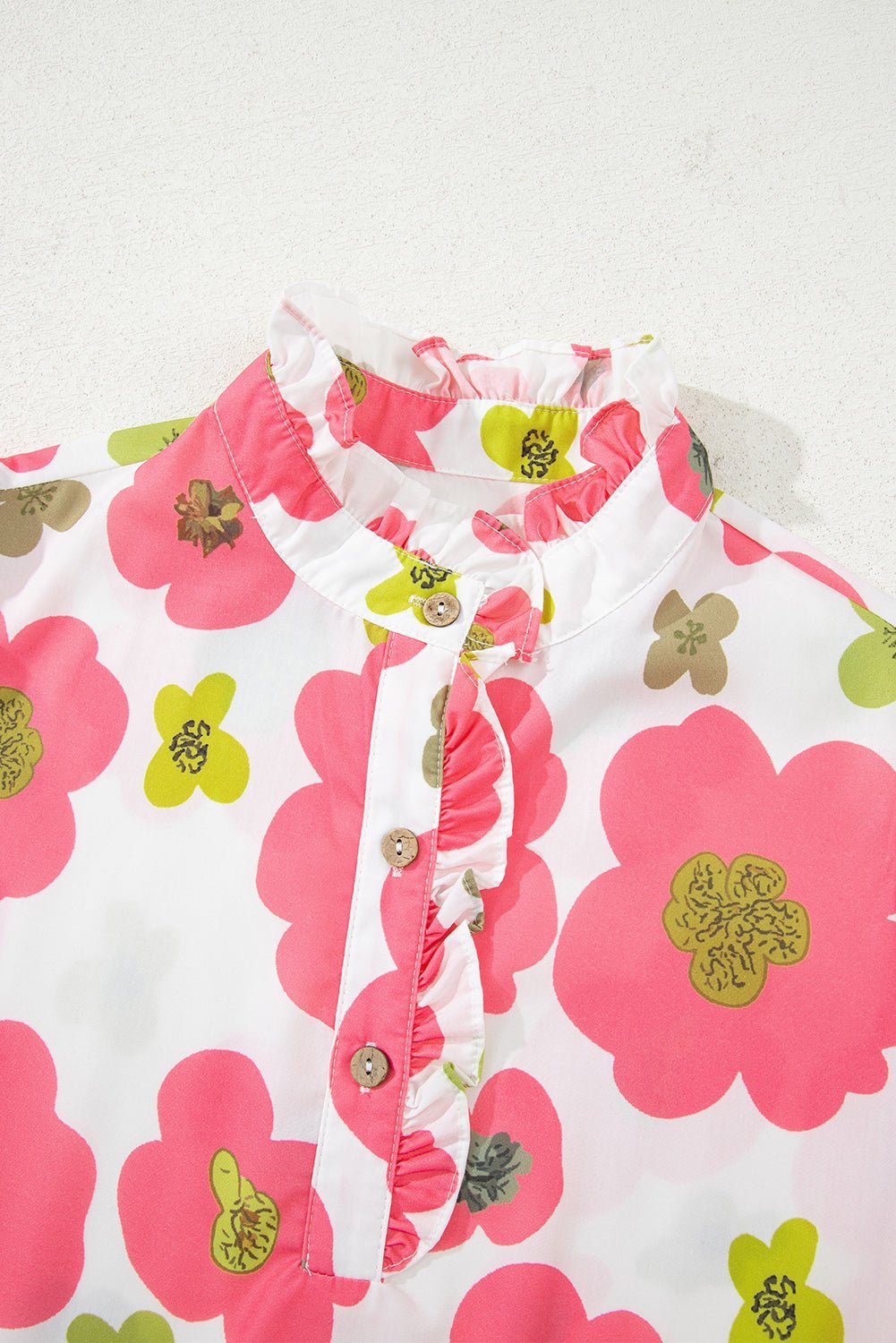 Pink Floral Ruffle Sleeve Striped Button Collar Blouse - MAD RUFFI