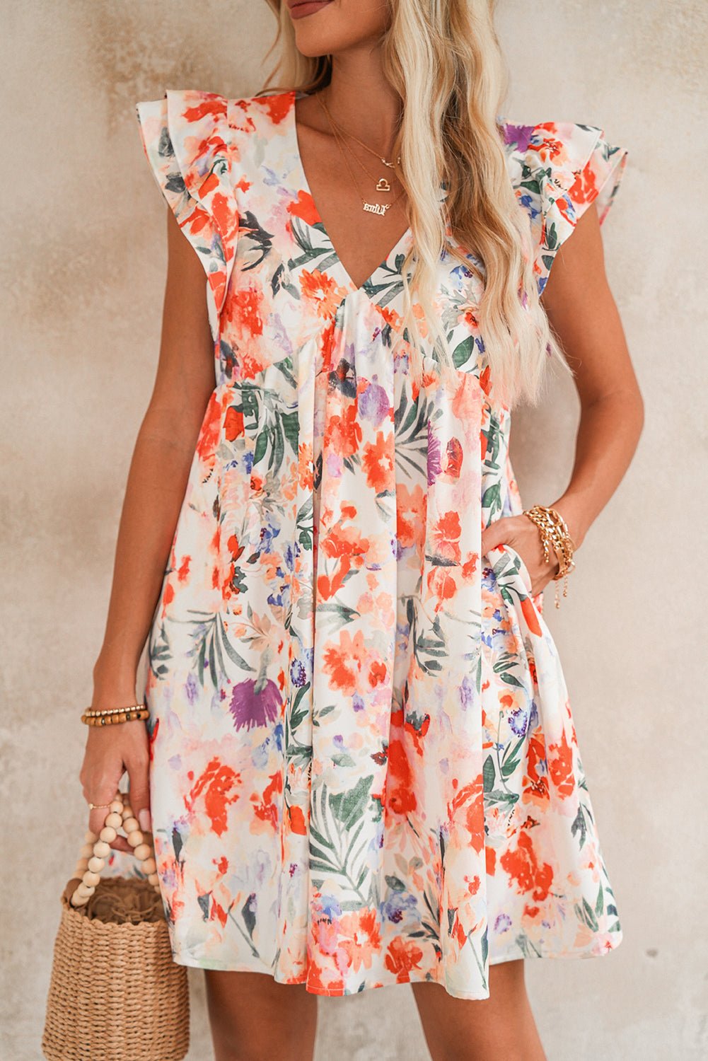 Pink Floral Ruffle Sleeve V Neck High Waist Mini Dress - MAD RUFFI