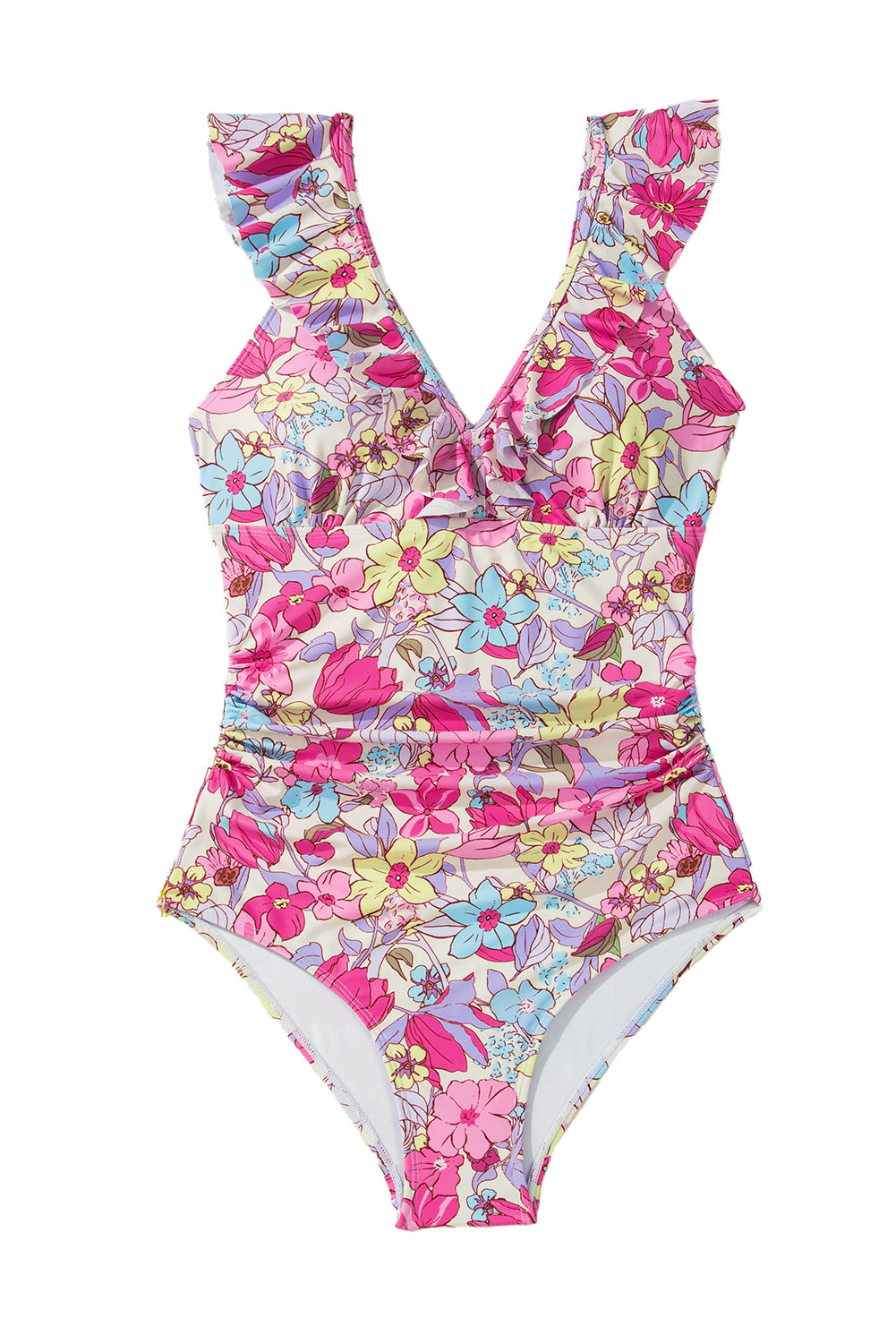 Pink Floral Ruffle Trim V Neck Backless One Piece Swimsuit - One-Piece