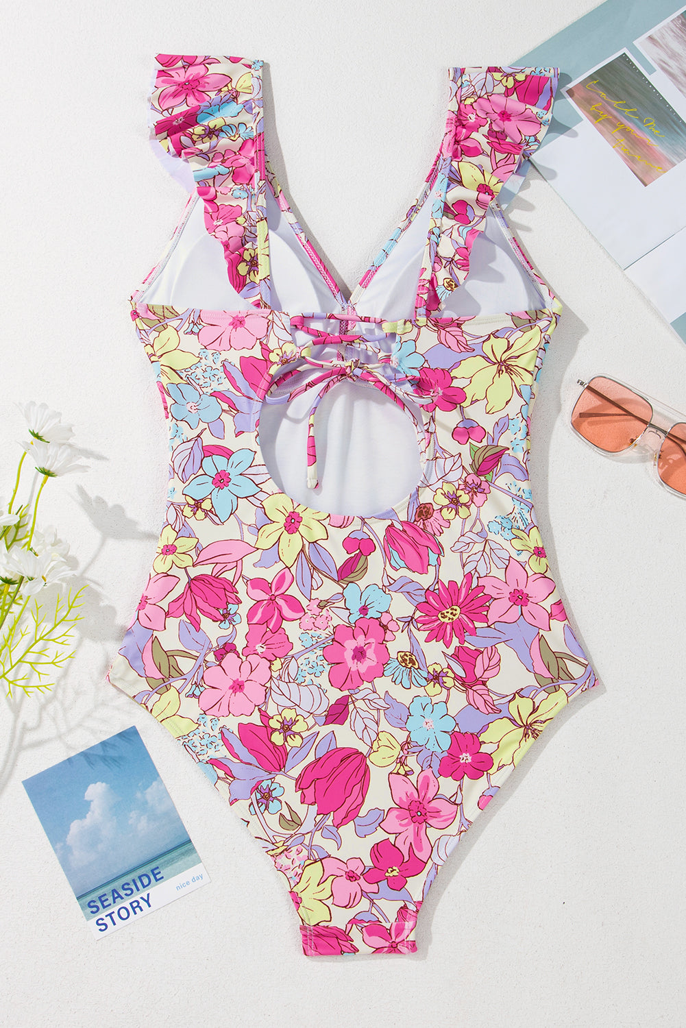 Pink Floral Ruffle Trim V Neck Backless One Piece Swimsuit - One-Piece